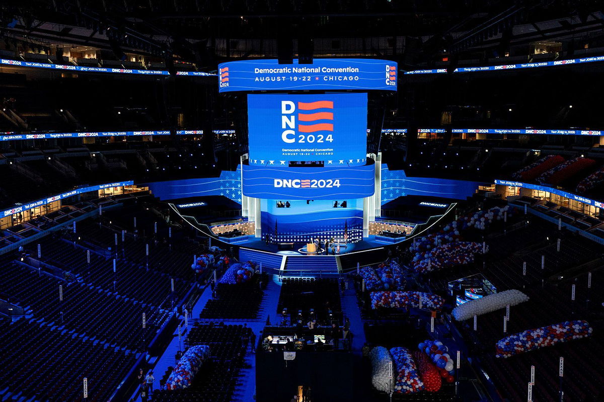 <i>Al Drago/Bloomberg/Getty Images/File via CNN Newsource</i><br/>The stage is prepared at the United Center ahead of the Democratic National Convention in Chicago