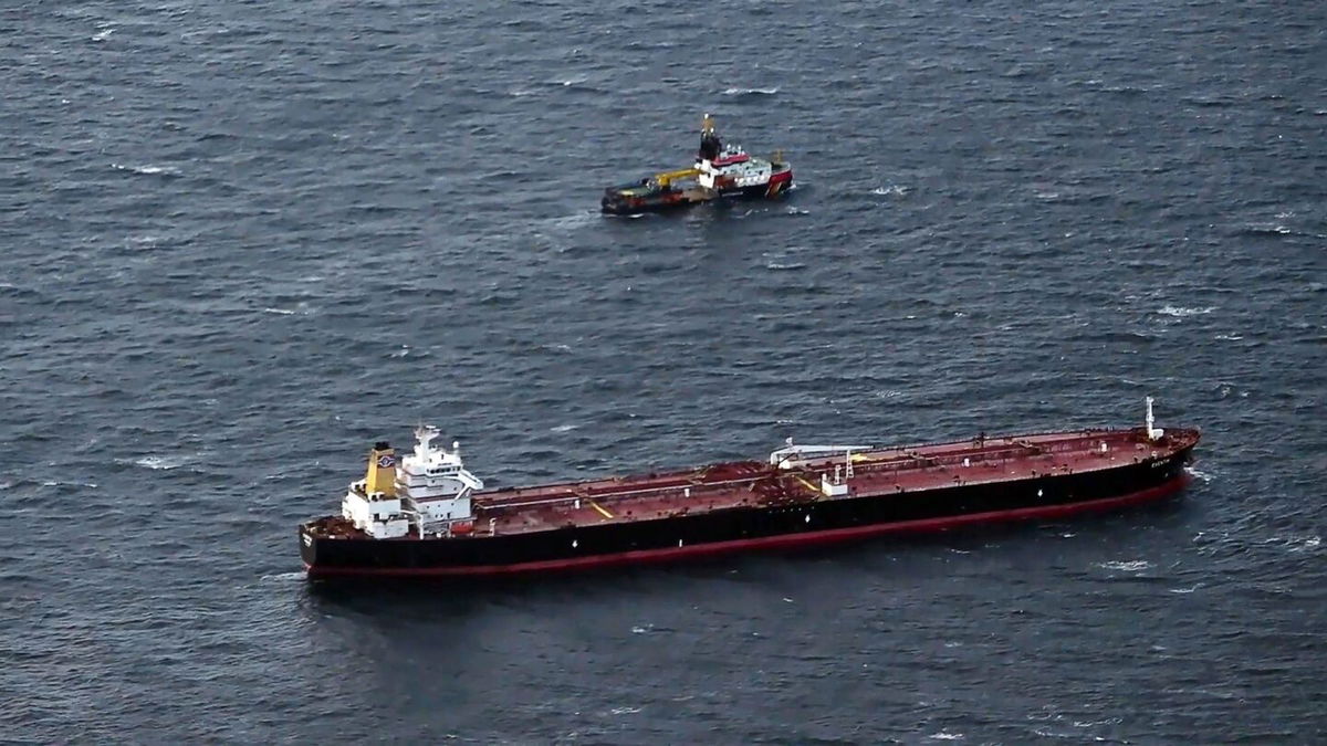 <i>Stefan Sauer/picture-alliance/AP via CNN Newsource</i><br/>The Eventin oil tanker runs adrift in the Baltic Sea off the coast of Germany on January 10.