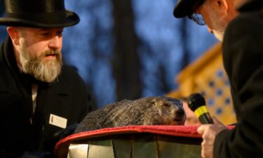 Groundhog handler AJ Dereume holds Punxsutawney Phil after he did not see his shadow predicting an early Spring during the 138th annual Groundhog Day festivities on February 2