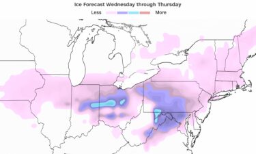 A forecast model shows where ice will build up from the storm Wednesday through Thursday.