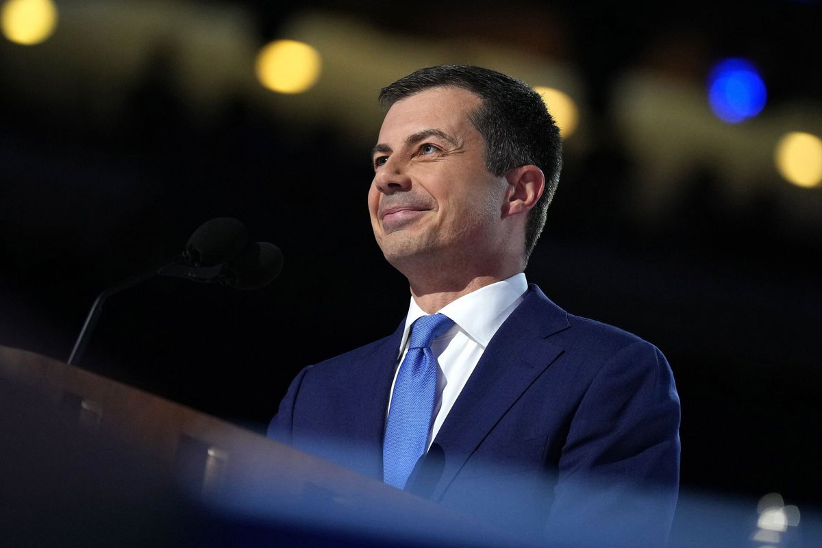<i>Andrew Harnik/Getty Images via CNN Newsource</i><br/>Then-US Transportation Secretary Pete Buttigieg speaks on stage during the third day of the Democratic National Convention at the United Center on August 21