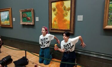 Just Stop Oil activists glued their hands to the wall after throwing soup at Van Gogh's "Sunflowers" at London's National Gallery in October 2022.