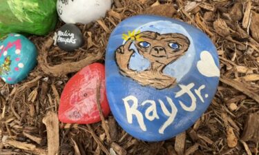 Dozens of colorful rocks line the garden outside the hospital