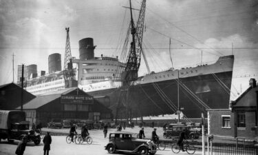 The Cunard luxury liner Queen Mary berthed at Southampton docks in April 1936