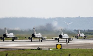 Four Taiwan Air Force Mirage 2000 fighter jets prepare to take off from Hsinchu Airbase in Hsinchu on April 2