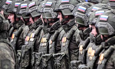 Russian servicemen march on Red Square during the Victory Day military parade in 2024.