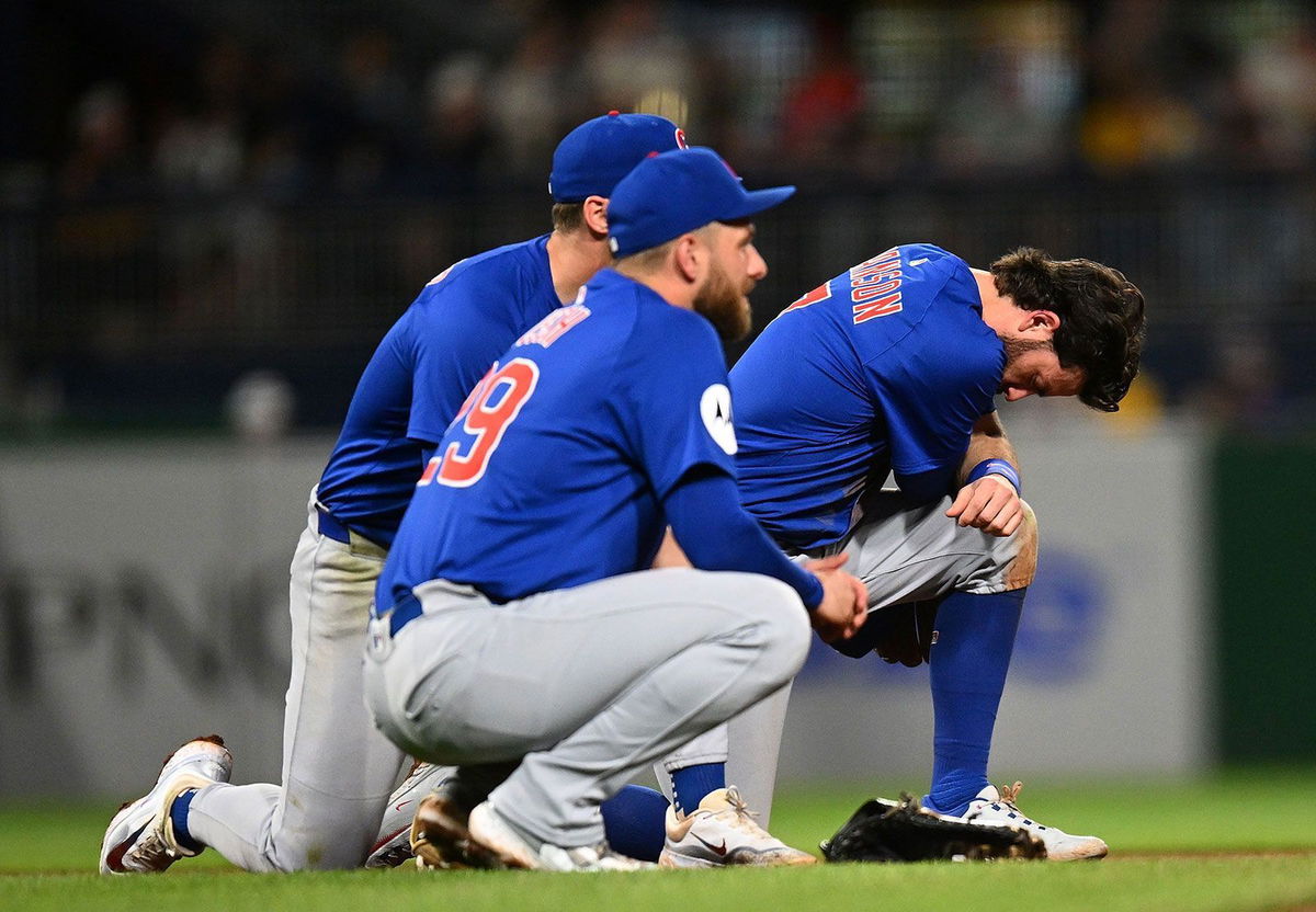 <i>Joe Sargent/Getty Images via CNN Newsource</i><br/>Dansby Swanson and Michael Busch of the Chicago Cubs look on after a fan fell from the stands during the seventh inning against the Pittsburgh Pirates at PNC Park.