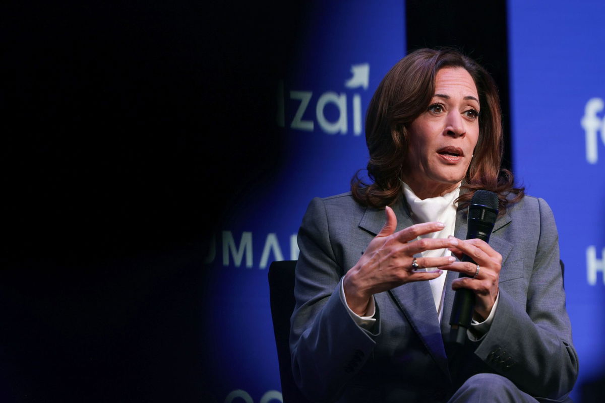 <i>Big Event Media/Getty Images for HumanX Conference via CNN Newsource</i><br/>Kamala Harris speaks onstage during the HumanX AI Conference 2025 at Fontainebleau Las Vegas on March 9