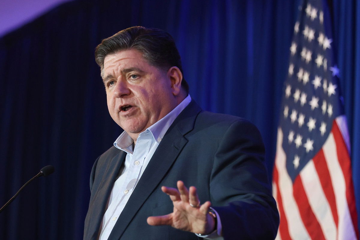 <i>Reba Saldanha/AP via CNN Newsource</i><br/>Illinois Gov. JB Pritzker speaks during the McIntyre-Shaheen 100 Club Dinner on Sunday in Manchester