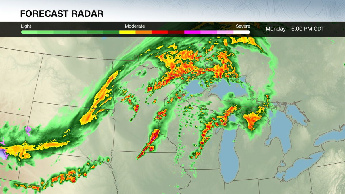<i>CNN Weather via CNN Newsource</i><br/>A weather forecast model depicts one possible scenario for where thunderstorms could be located late Monday afternoon in the Upper Midwest.