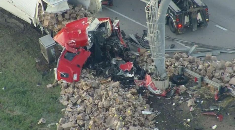 <i>KCNC via CNN Newsource</i><br/>A semi carrying eggs crashed on I-70 in Aurora.