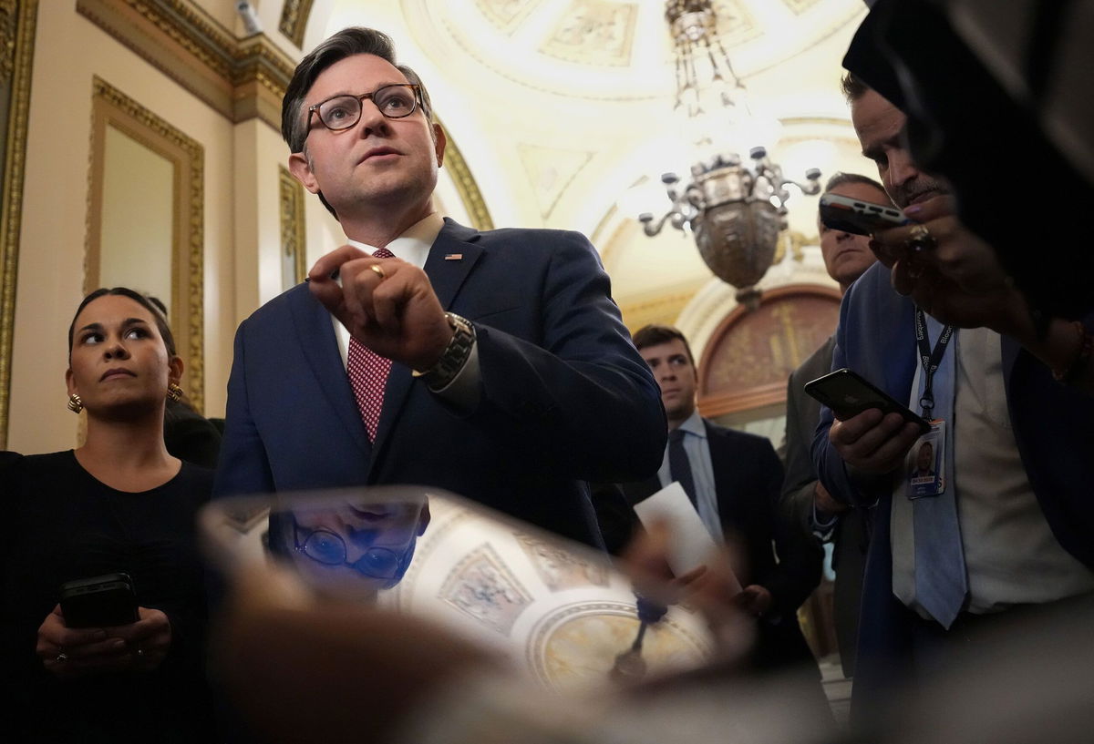 <i>Kevin Dietsch/Getty Images via CNN Newsource</i><br/>US Speaker Mike Johnson (R-LA) speaks to reporters as he leaves the House Chamber at the US Capitol on May 15