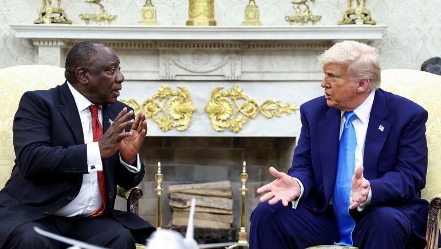 <i>Kevin Lamarque/Reuters via CNN Newsource</i><br/>South African President Cyril Ramaphosa meets with US President Donald Trump in the Oval Office of the White House on Wednesday.