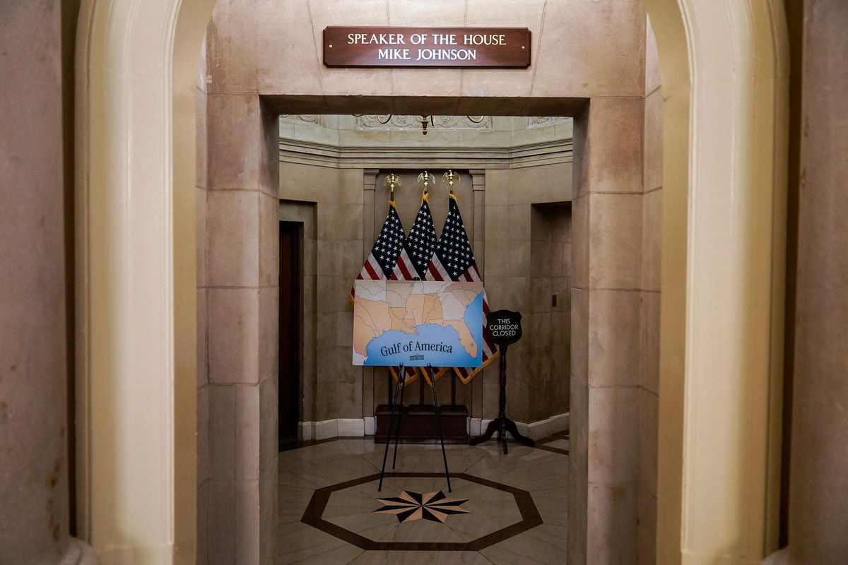 <i>Oliver Contreras/AFP/Getty Images via CNN Newsource</i><br/>A sign showing the gulf is seen at the entrance to the office of US House Speaker Mike Johnson at the US Capitol in Washington