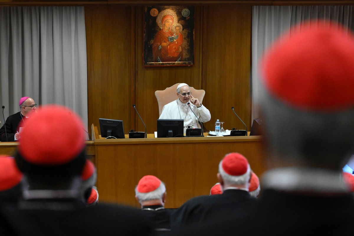 <i>Vatican Media via CNN Newsource</i><br/>Pope Leo XIV formally meets with cardinals for the first time in the Vatican on Saturday.