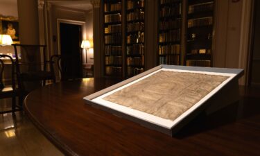 A rare copy of Magna Carta from 1300 sits in a display case at Harvard Law School in Cambridge