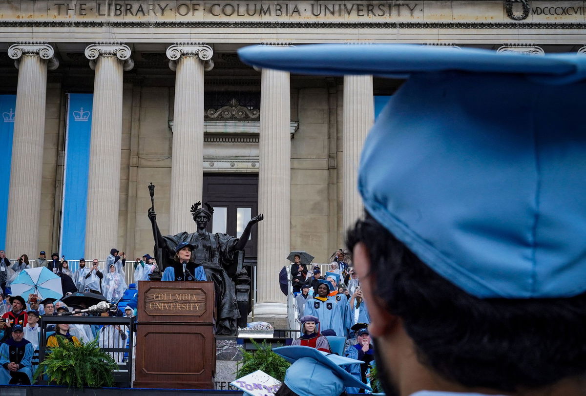 <i>Ryan Murphy/Reuters via CNN Newsource</i><br/>Columbia University President Claire Shipman speaks May 21 to graduating students at the commencement ceremony on the school's main campus in New York.