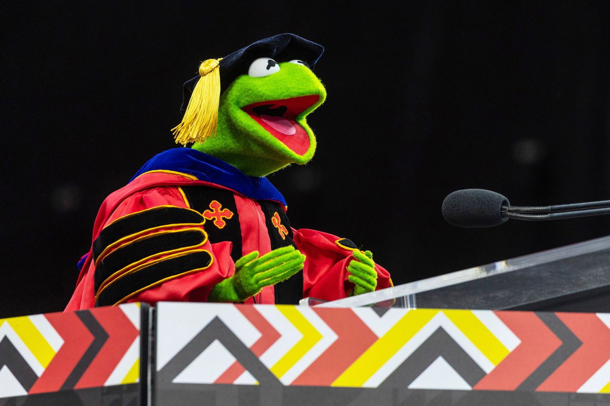 <i>Riley Sims/University of Maryland via AP via CNN Newsource</i><br/>Kermit the Frog speaks during University of Maryland's commencement ceremony on May 22 in College Park