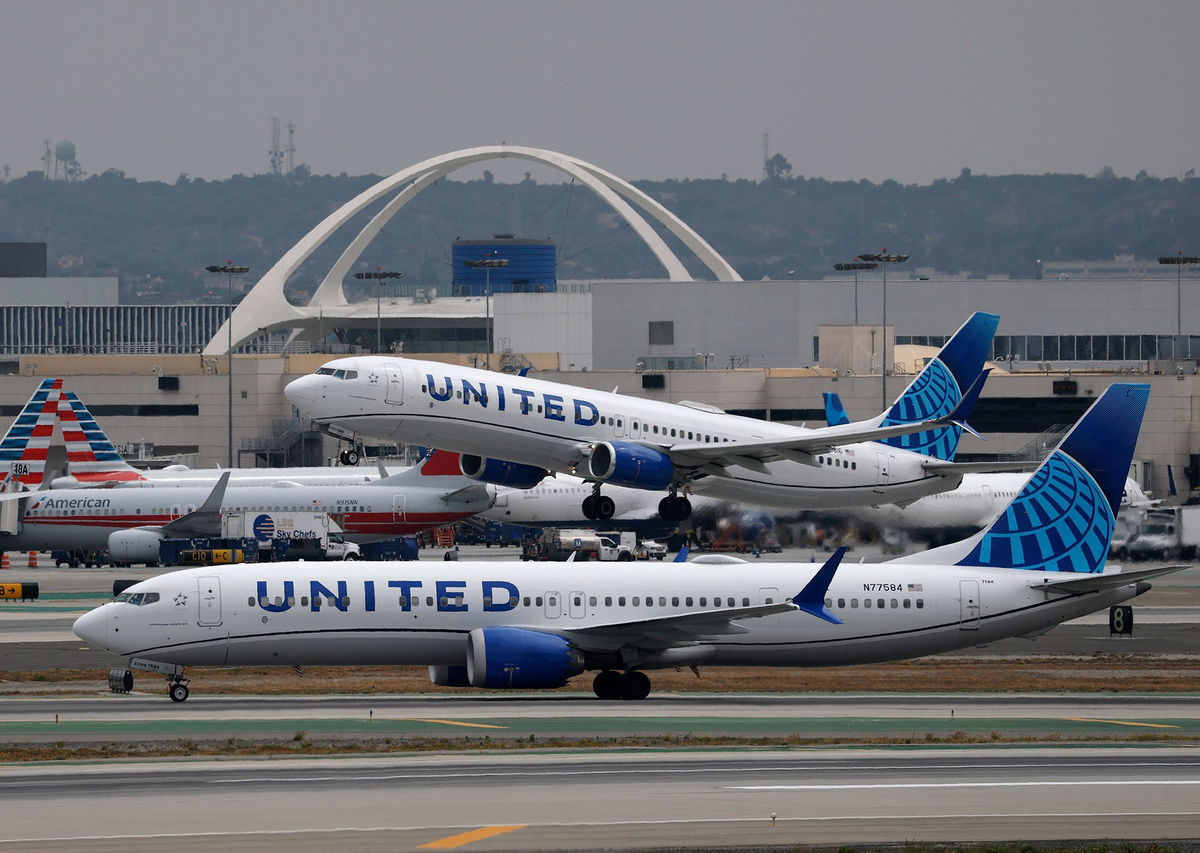 <i>Justin Sullivan/Getty Images via CNN Newsource</i><br/>A United Airlines plane takes off from Los Angeles International Airport in California on Thursday
