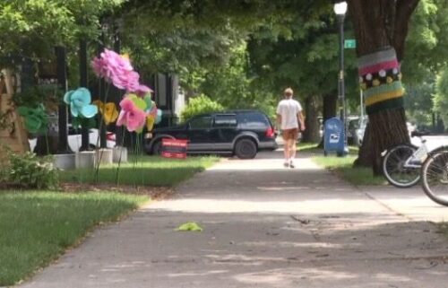 What began as a hobby turned into a business for Ms. Linda. Then it bloomed into an art career. Her first pop-up installation is on trees outside the Harrison Center. She calls them “tree sweaters.”