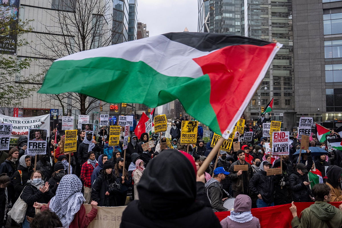 <i>David Dee Delgado/Getty Images via CNN Newsource</i><br/>Demonstrators in New York gather to demand the release of detained Columbia University graduate student on April 12.