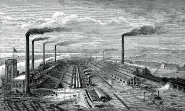 An iron and steel works factory in England in 1880.