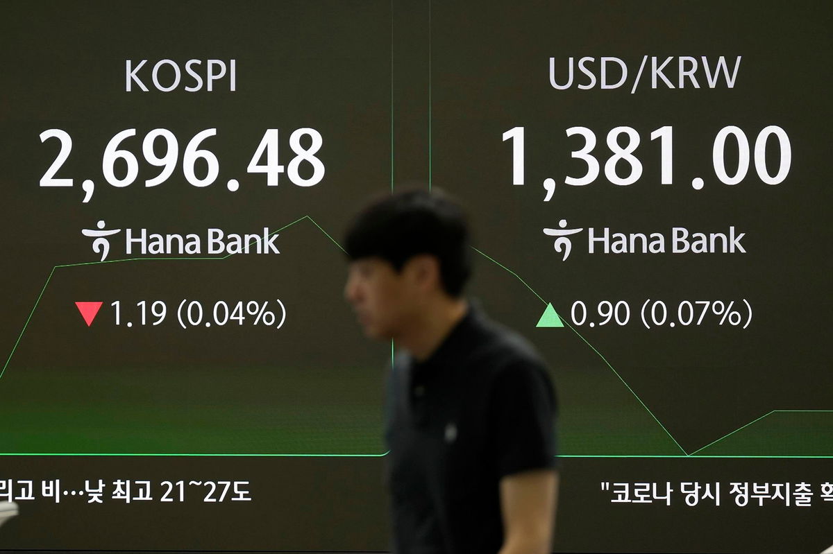 <i>Lee Jin-man/AP via CNN Newsource</i><br/>Screens showing South Korea's KOSPI stock index
