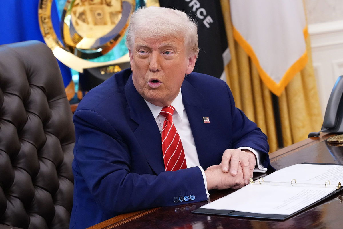 <i>Kevin Dietsch/Getty Images via CNN Newsource</i><br/>President Donald Trump speaks to reporters in the Oval Office of the White House on May 30.