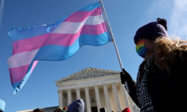 A transgender rights supporter takes part in a rally outside of the US Supreme Court as the high court hears arguments in a case on transgender health rights on December 4