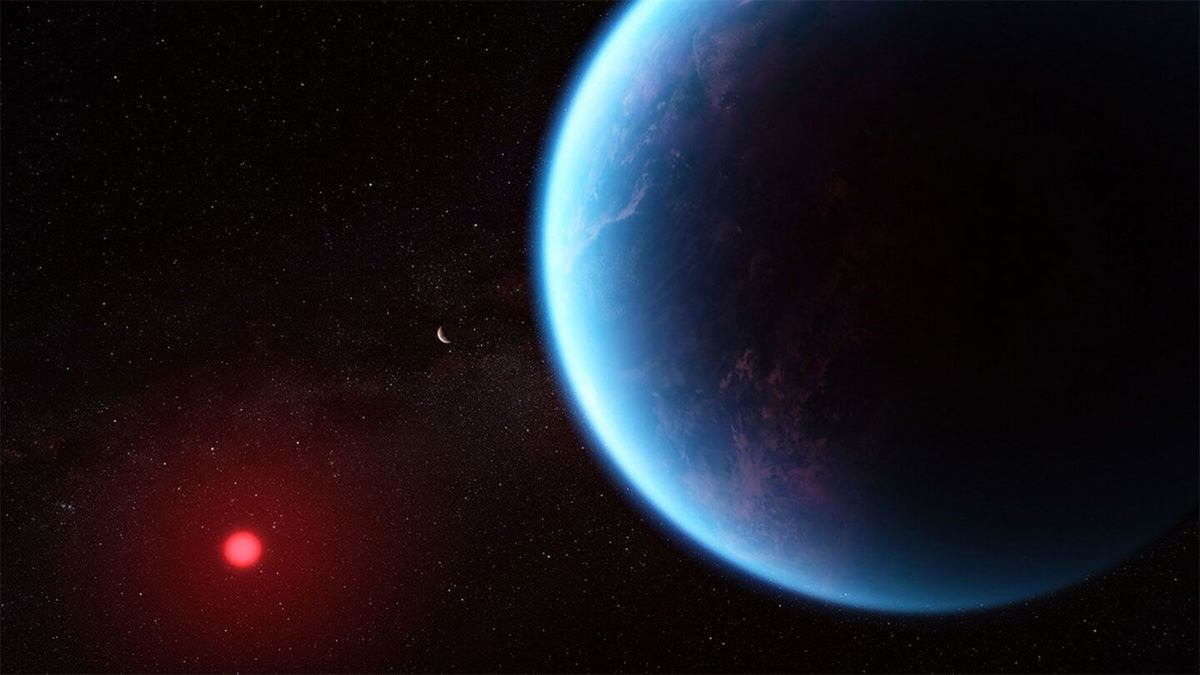 <i>NASA/CSA/ESA/J. Olmsted (STScI)/N. Madhusudhan (Cambridge University) via CNN Newsource</i><br/>An artist's concept shows what K2-18b might look like. Thought to be covered entirely in liquid water with a hydrogen-rich atmosphere
