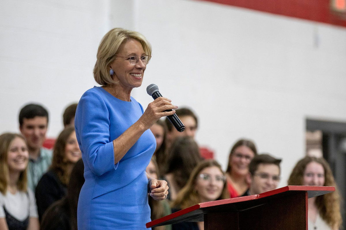 <i>Annie Barker/USA Today Network/Imagn Images/File via CNN Newsource</i><br/>Former US education secretary Betsy DeVos speaks at Lutheran Northwest High School in Rochester Hills in May 2022.
