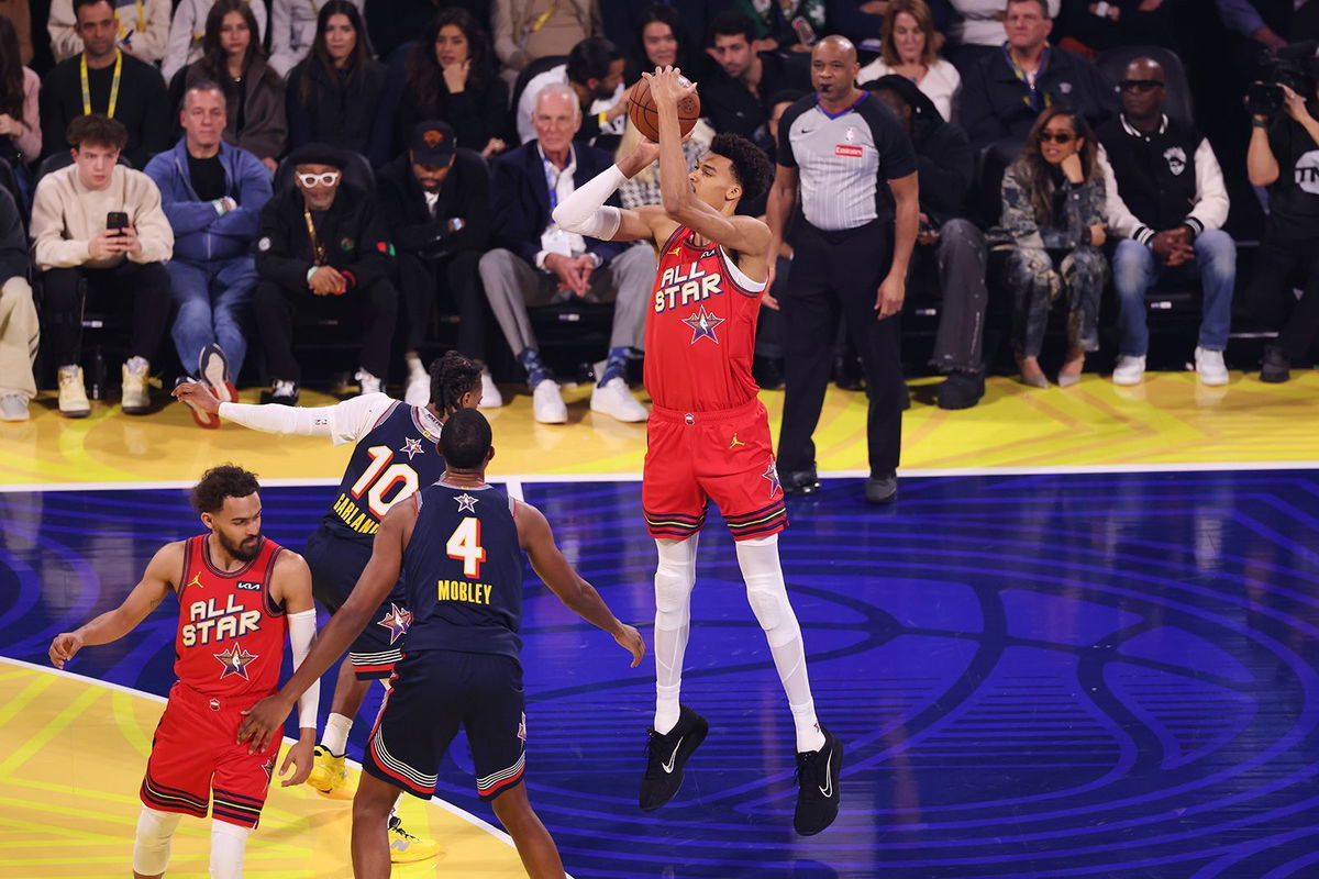 <i>Jed Jacobsohn/AP via CNN Newsource</i><br/>San Antonio Spurs center Victor Wembanyama attempts a 3-point shot during the NBA All-Star basketball game on February 16
