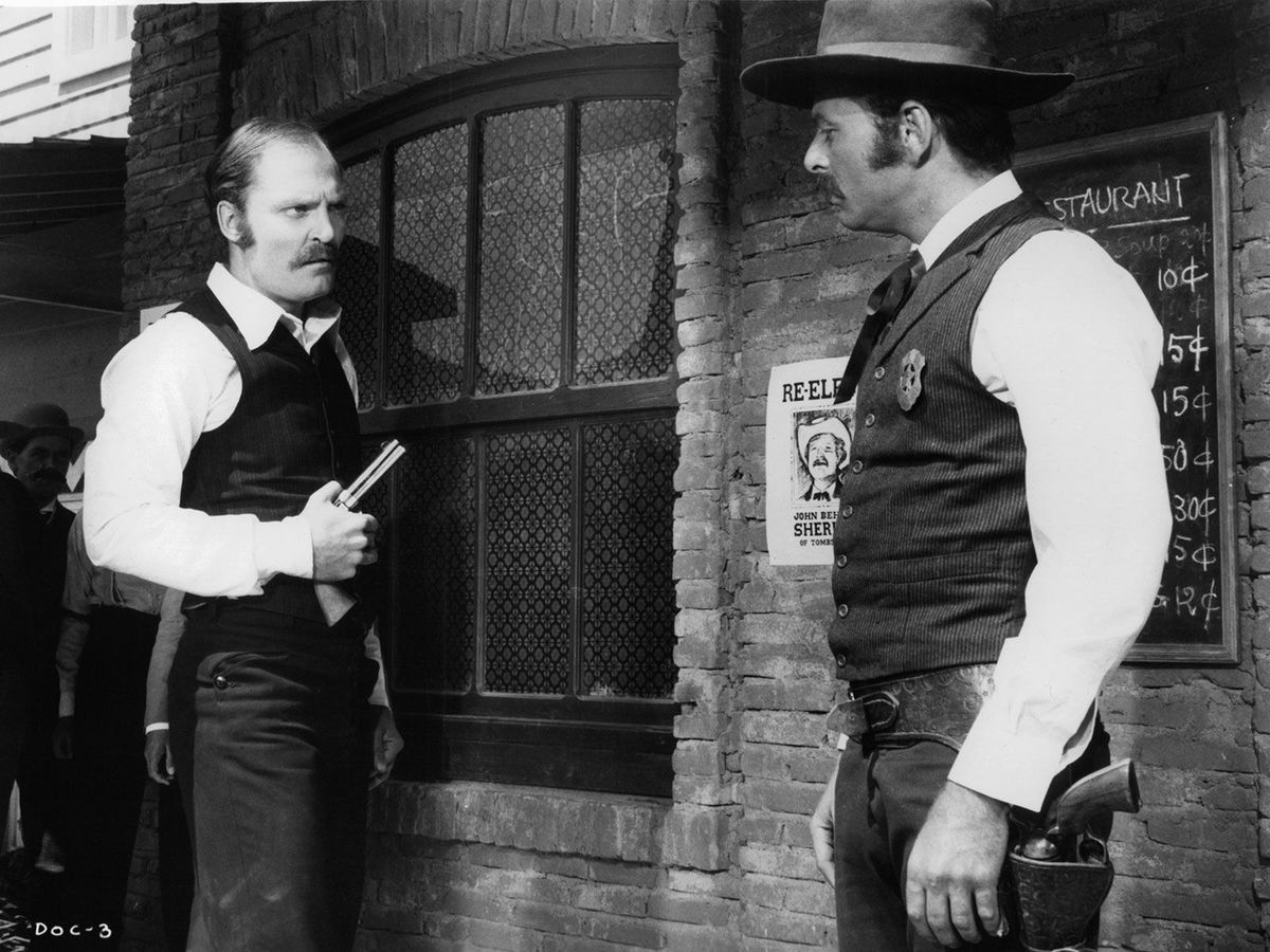<i>United Artists/Archive Photos/Moviepix/Getty Images via CNN Newsource</i><br/>Stacy Keach and Harris Yulin outside a Saloon after a gunfight in a scene from the film 'DOC' in 1971.
