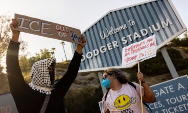 A small group of demonstrators protests outside the entrance of Dodger Stadium on Thursday