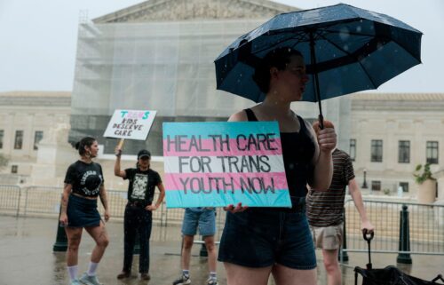 A protester holds a sign in support of gender-affirming care for transgender youth outside of the U.S. Supreme Court Building on June 18