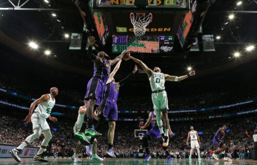 Jayson Tatum (0) of the Boston Celtics rebounds during the game against the Los Angeles Lakers on March 8