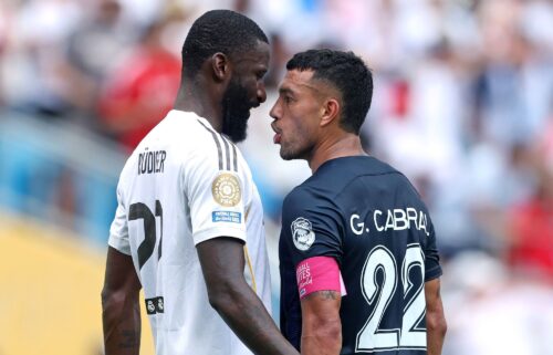 Antonio Rüdiger (left) and Gustavo Cabral (right) clash during the Real Madrid vs. Pachuca game at the FIFA Club World Cup.
