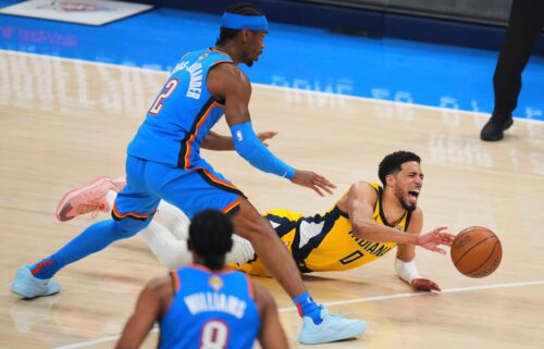 Indiana Pacers guard Tyrese Haliburton falls to the court with an injury during the first quarter of Game 7 of the NBA Finals.