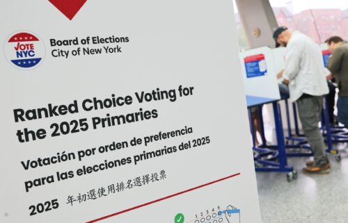 A voting sign is seen during the New York Primary elections at the Brooklyn Museum on June 17
