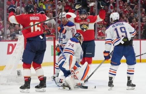 Florida Panthers center Sam Reinhart celebrates his goal during the second period of Game 6 of the Stanley Cup Final against the Edmonton Oilers.