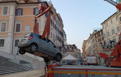 This image shared by Italy’s fire and rescue service shows a vehicle being removed from Rome’s Spanish Steps on Tuesday