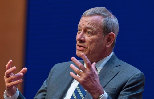 Chief Justice of the US Supreme Court John Roberts speaks during a lecture to the Georgetown Law School graduating class of 2025