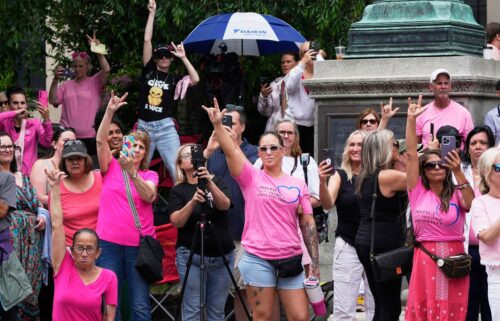 Supporters of Karen Read gesture as Read departs Norfolk Superior Court during jury deliberations at her trial
