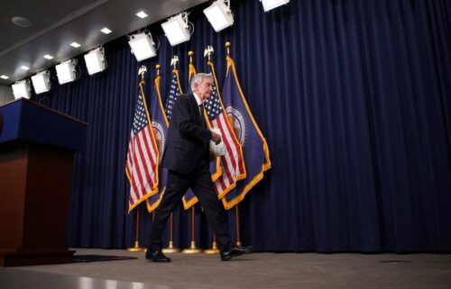 Federal Reserve Chair Jerome Powell departs after speaking at a news conference at the William McChesney Martin Jr. Federal Reserve Board Building on May 7 in Washington