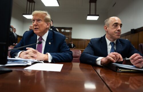 Donald Trump and attorney Emil Bove sit in the courtroom during his criminal trial at Manhattan Criminal Court in April 2024 in New York City.