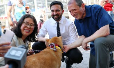 Zohran Mamdani greets voters with NYC Comptroller and Mayoral Candidate Brad Lander on Broadway on June 24 in New York City.
