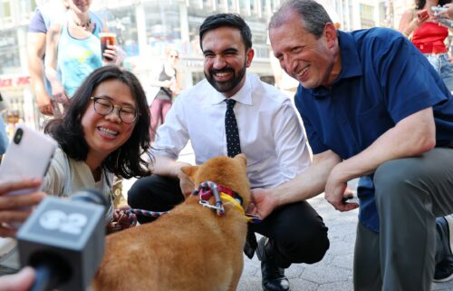 Zohran Mamdani greets voters with NYC Comptroller and Mayoral Candidate Brad Lander on Broadway on June 24 in New York City.