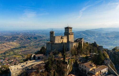 The tiny state of San Marino sits on a hill above Italy's Emilio-Romagna region.