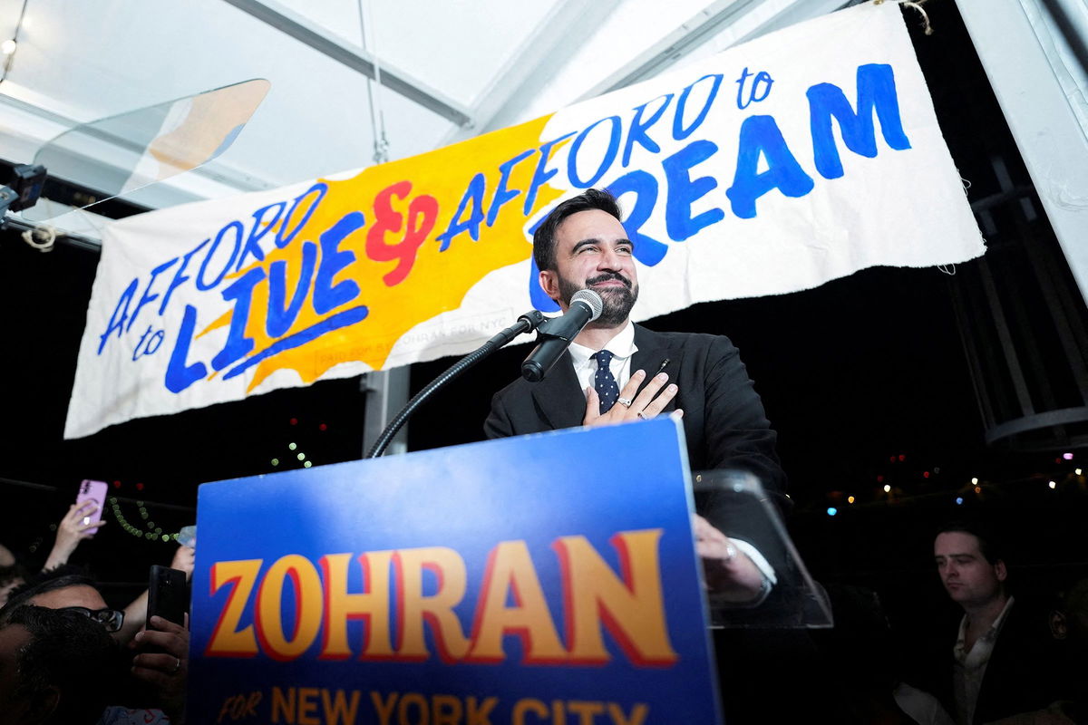 <i>David Delgado/Reuters via CNN Newsource</i><br/>Zohran Mamdani gestures as he speaks during a watch party for his primary election in New York on June 25.