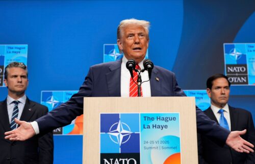 President Donald Trump speaks during a media conference at the end of the NATO summit as Secretary of State Marco Rubio